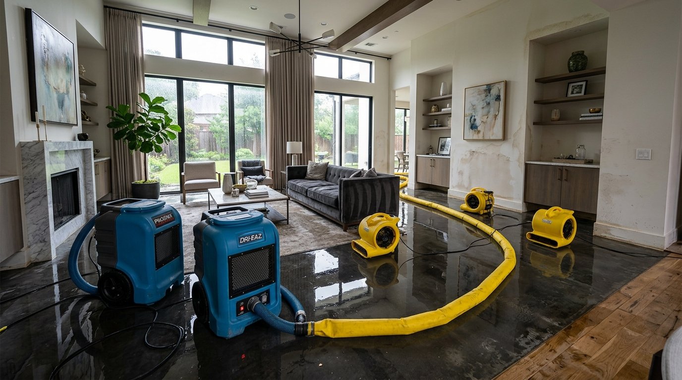 Flooded Living Room with Industrial Dehumidifiers and Drying Equipment