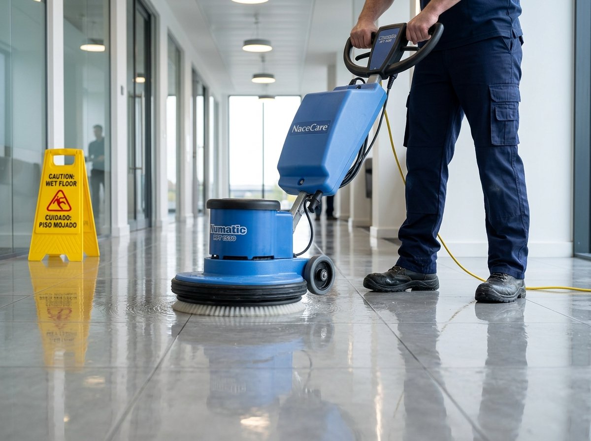 Commercial Rotary Floor Scrubber Polisher Machine in Action on Shiny Tile Floor