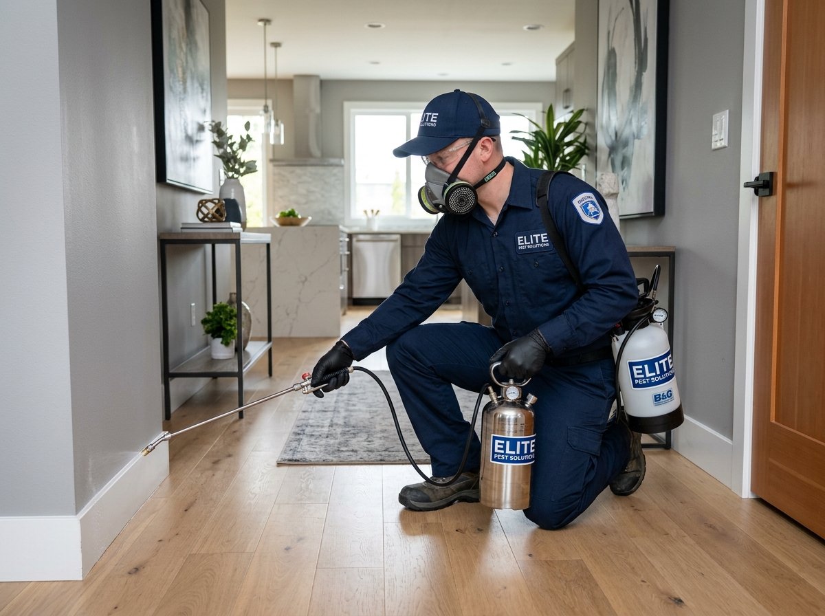 Pest control technician spraying perimeter and baseboards